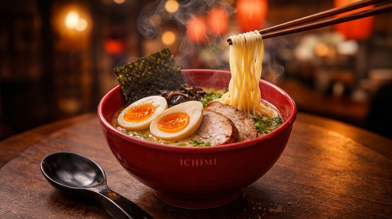 Steaming Ichimi ramen with pork, eggs, and seaweed, with chopsticks lifting noodles, on a wooden table.