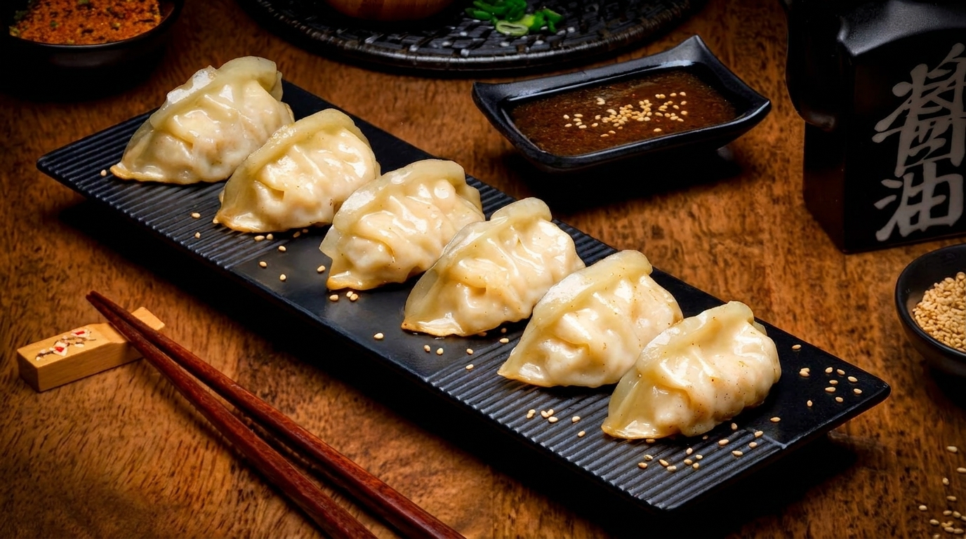 Seven golden-brown dumplings on a black plate, with dipping sauce, sesame seeds, and chopsticks.