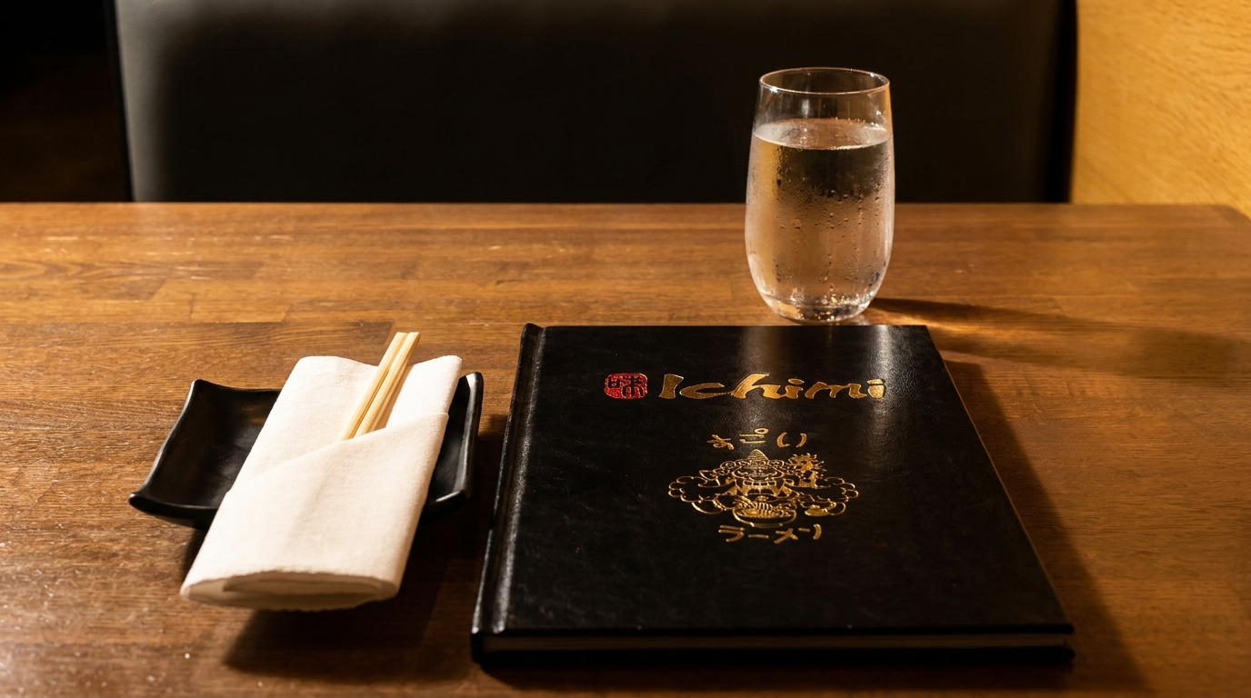 A wooden table set with an Ichimi menu, chopsticks in a napkin, and a glass of water.