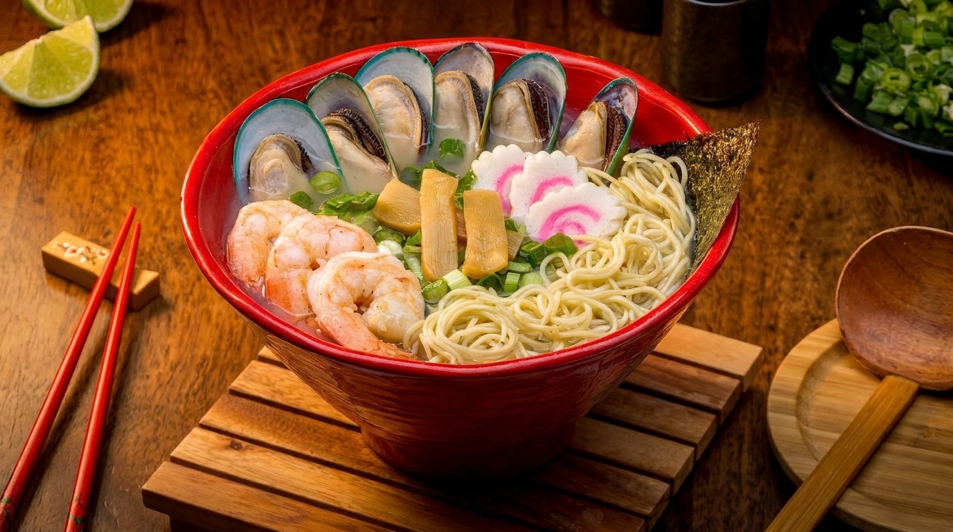 A vibrant red bowl of ramen with shrimp, mussels, fish cake, and bamboo shoots on a wooden table.