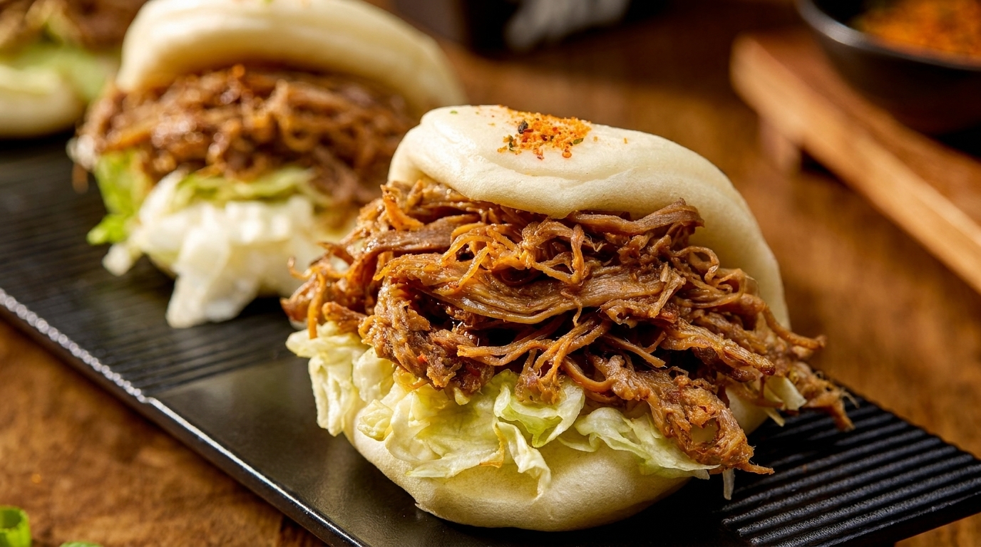 Close-up of two bao buns filled with shredded meat and lettuce on a black plate.