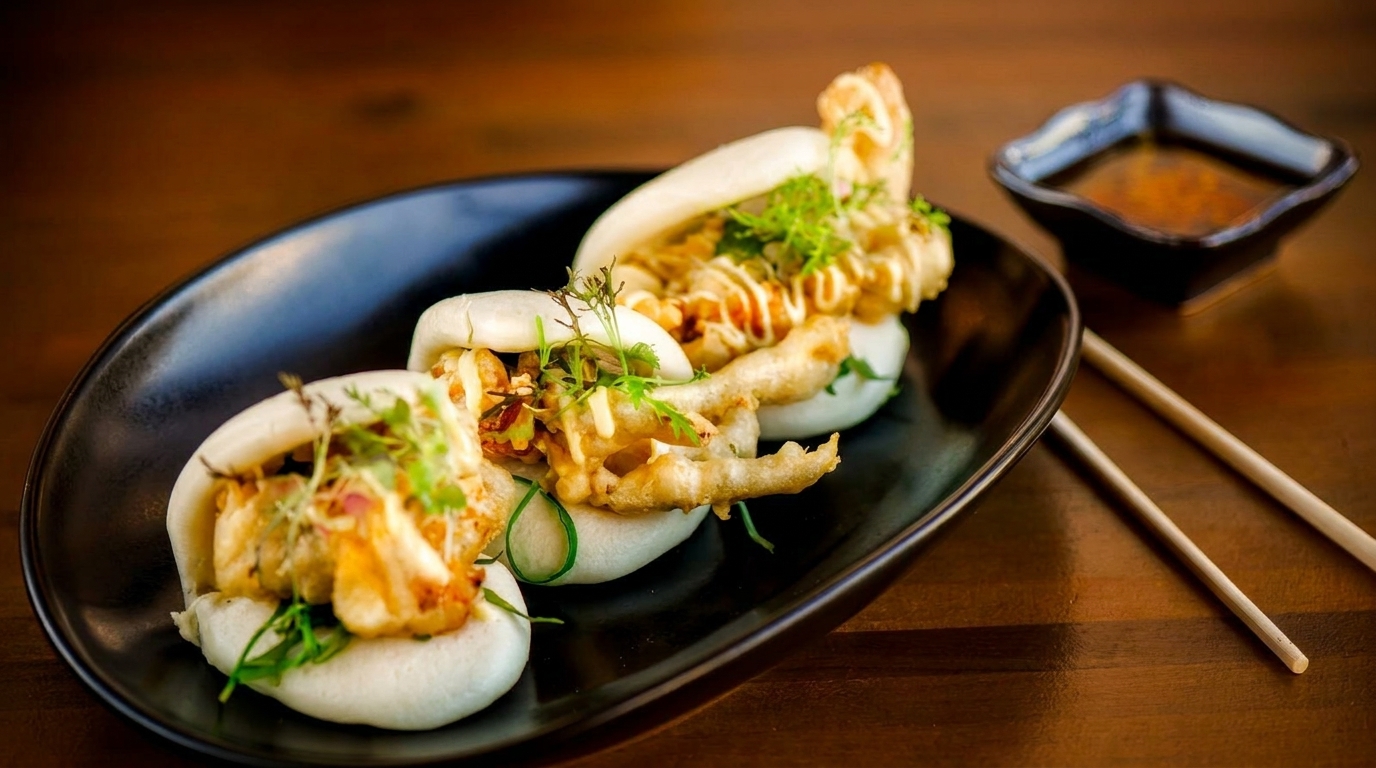 Three soft shell crab bao buns with sauce and chopsticks on a black plate.