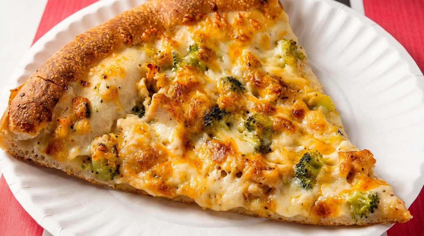 A slice of chicken and broccoli pizza with melted cheese on a white paper plate.