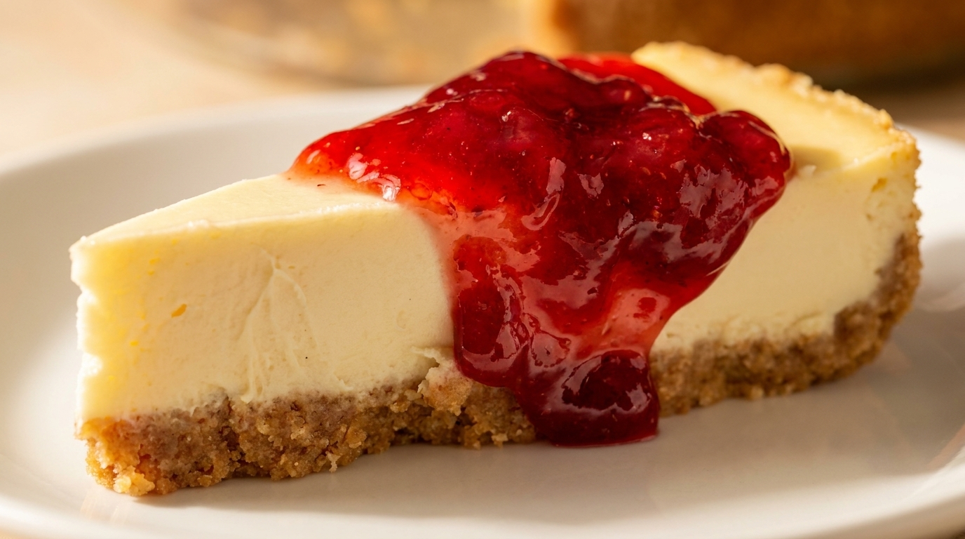 A slice of cheesecake with a graham cracker crust, topped with bright red strawberry sauce.