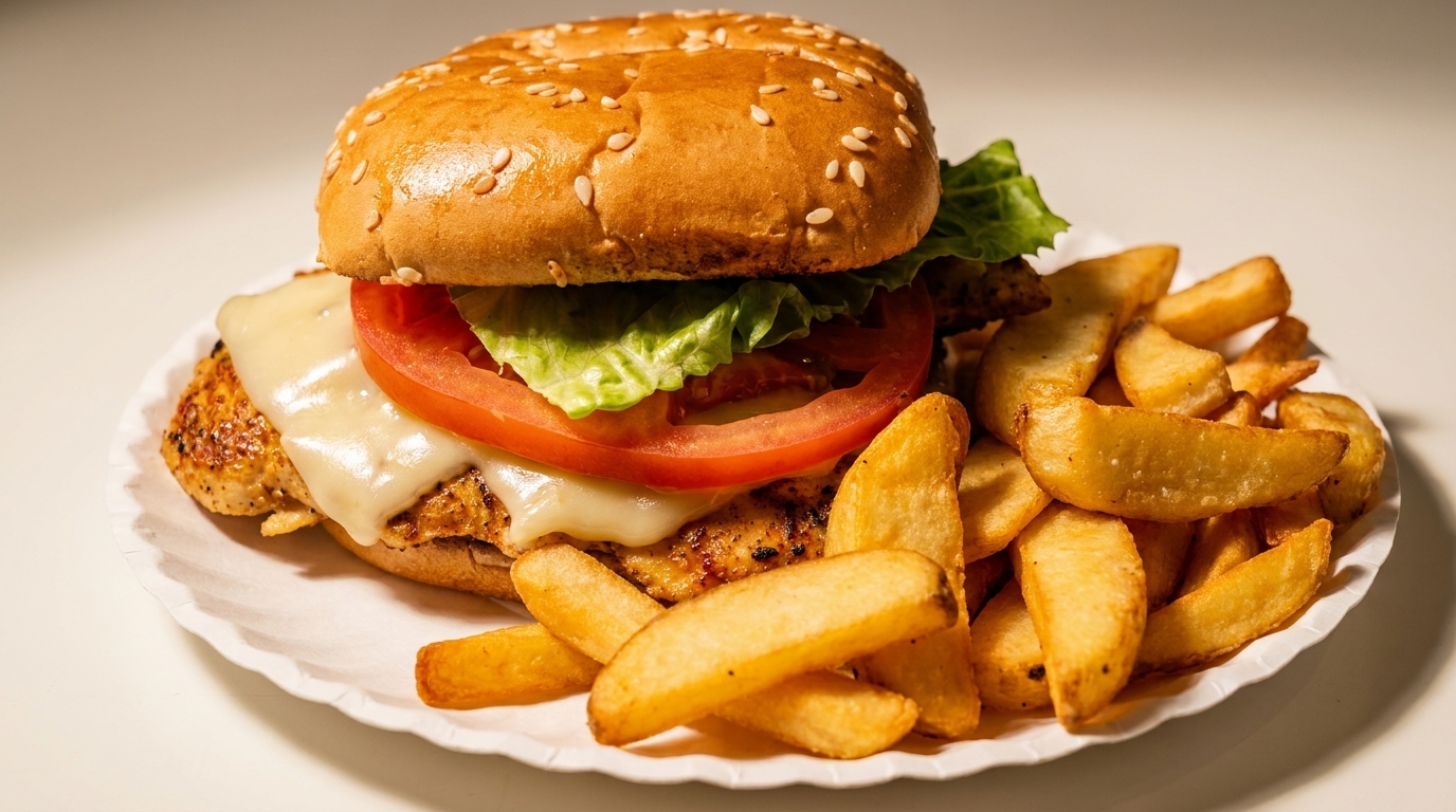 Grilled chicken sandwich with melted cheese, tomato, lettuce, and a side of potato wedges.