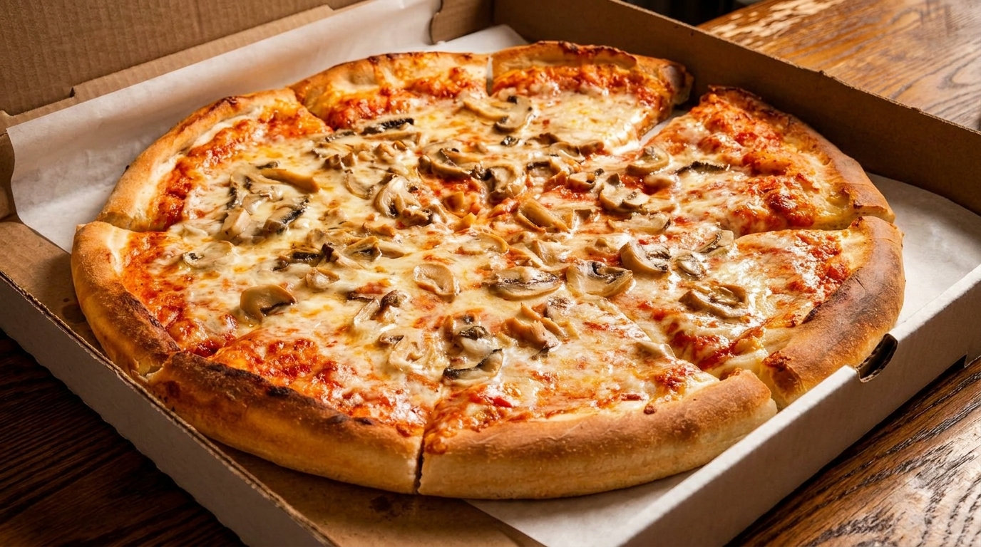 A whole mushroom pizza with melted cheese and tomato sauce in a cardboard delivery box.