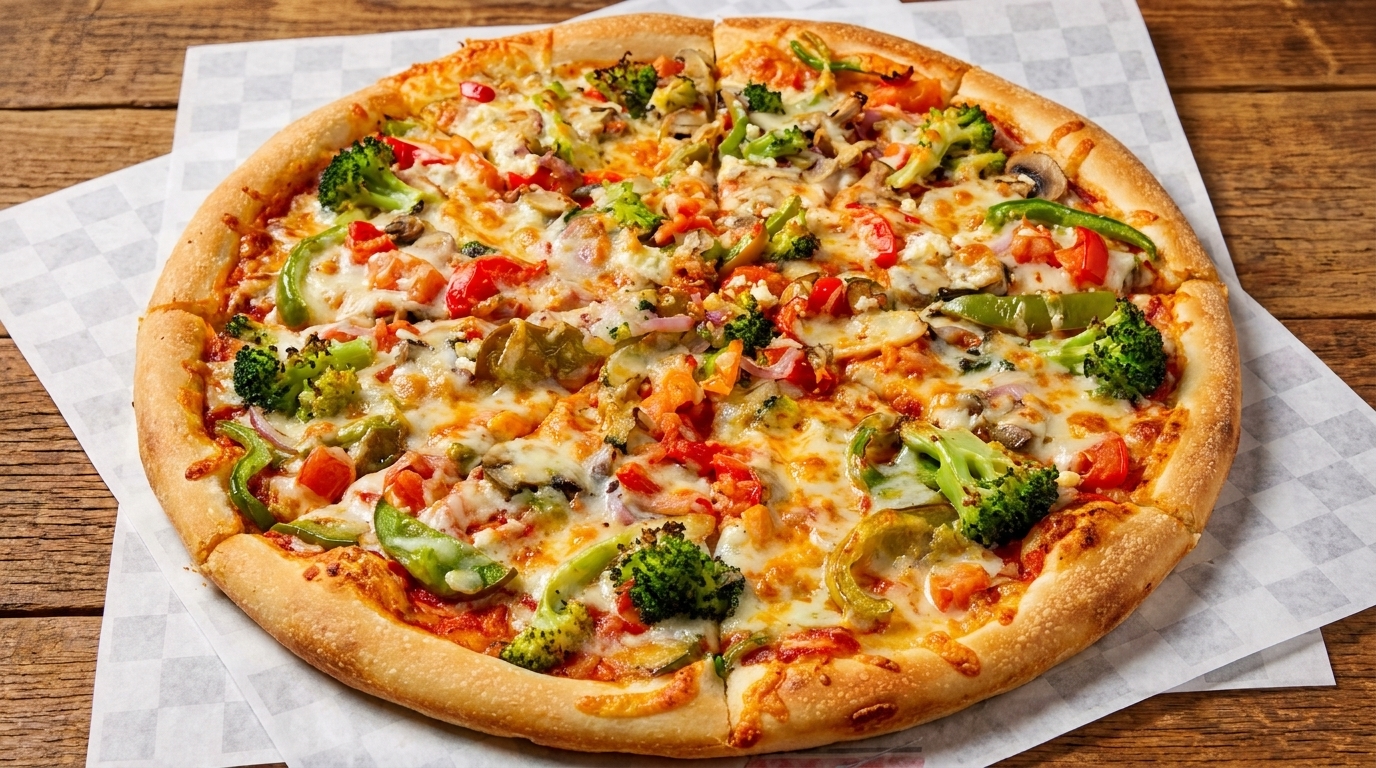 A whole vegetarian pizza with broccoli, bell peppers, mushrooms, and tomatoes on a checkered paper.