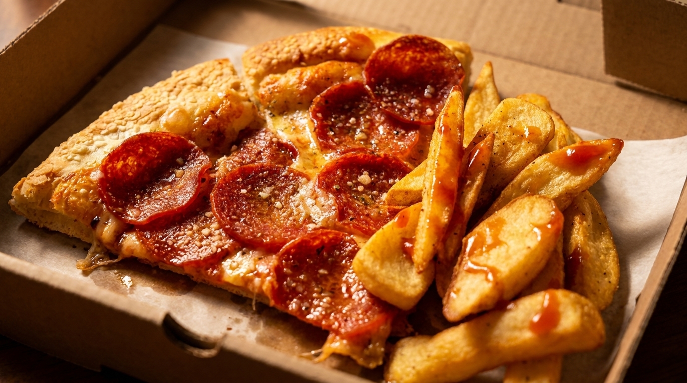 Pepperoni pizza slice and potato wedges with ketchup in a cardboard takeout box.