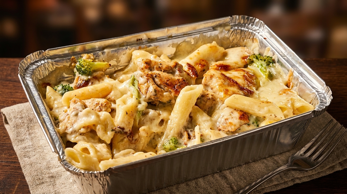 Creamy chicken and broccoli penne pasta in a foil takeout container with a fork.