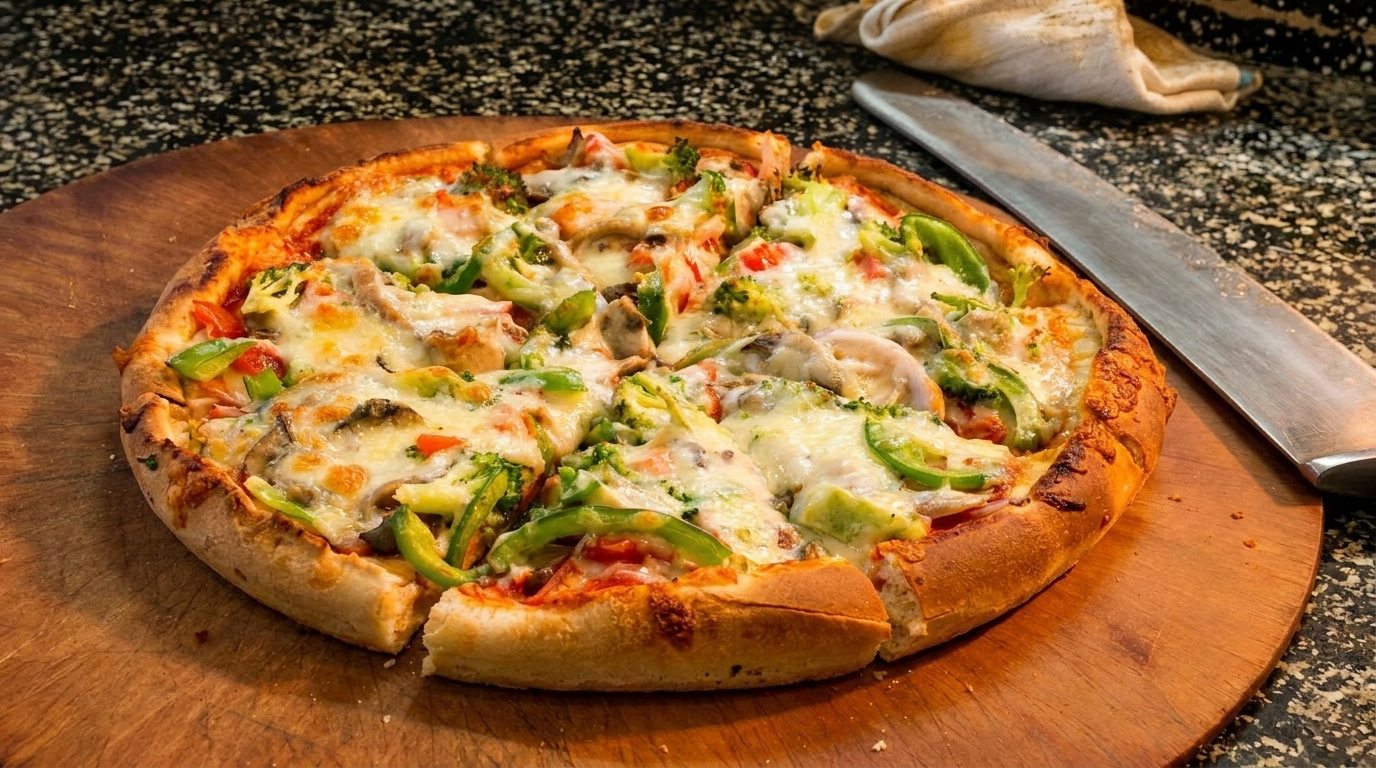 A freshly baked, sliced vegetable pizza with melted cheese on a wooden board next to a knife.