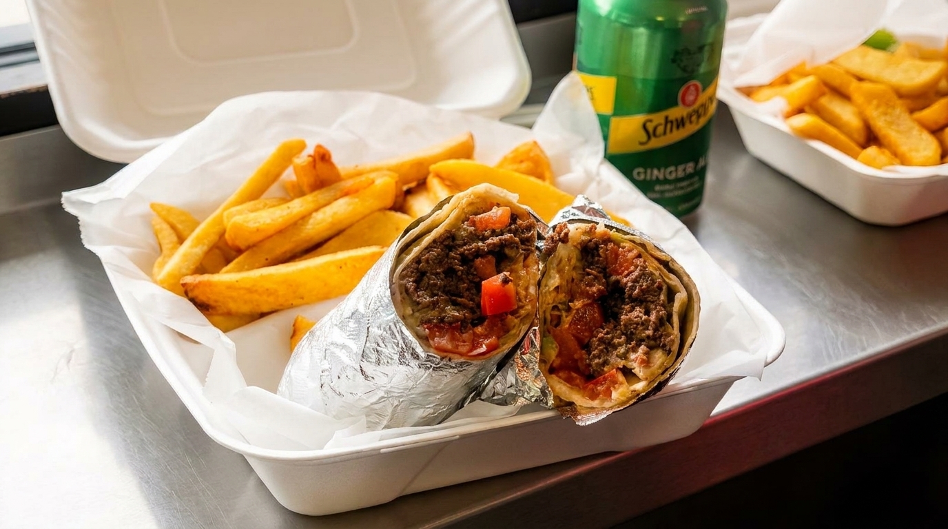 Two foil-wrapped burritos with fries and a Schweppes Ginger Ale can in a takeout container.