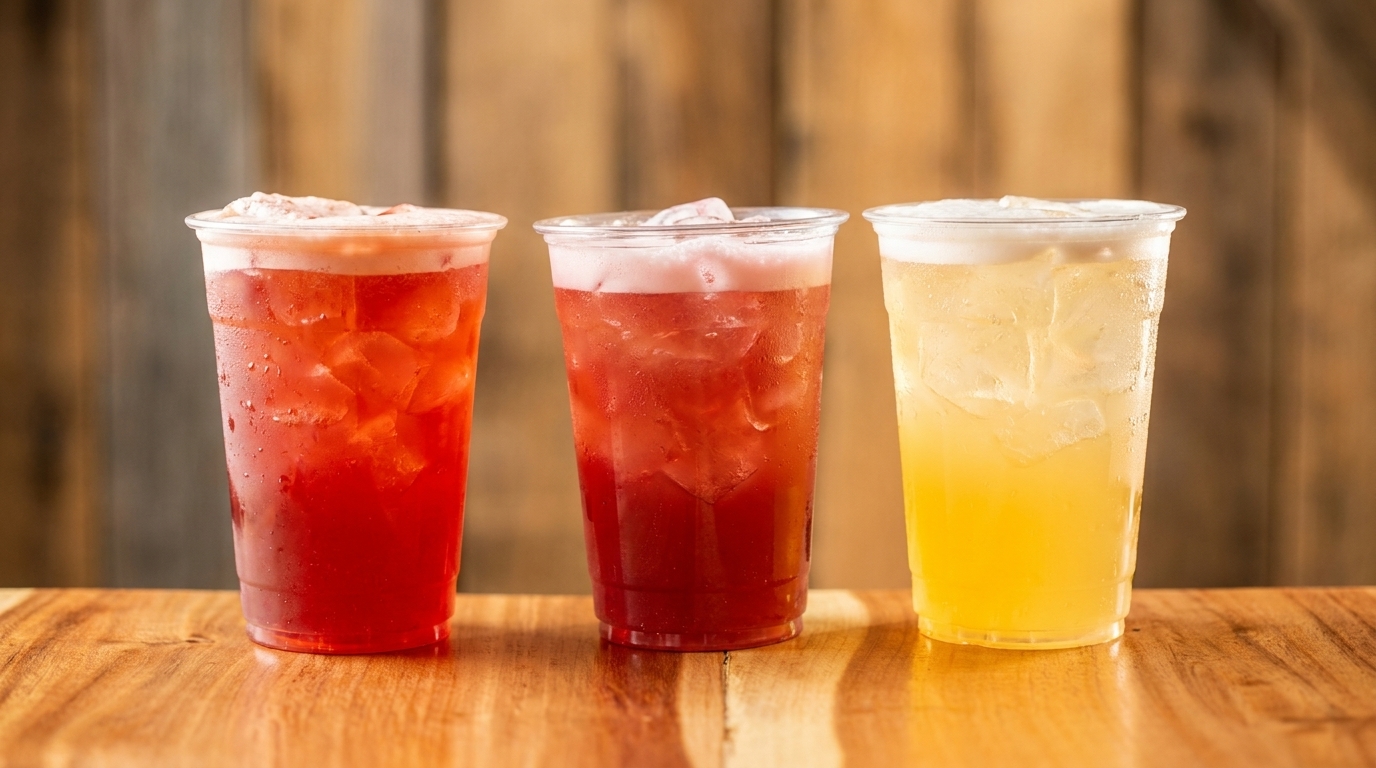 Three plastic cups of iced tea, two red and one yellow, with foam tops on a wooden table.
