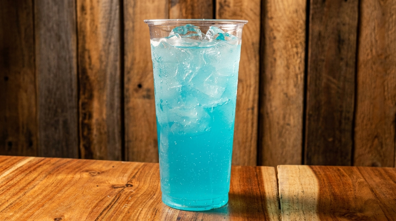 A vibrant blue drink with ice in a clear plastic cup on a rustic wooden table.