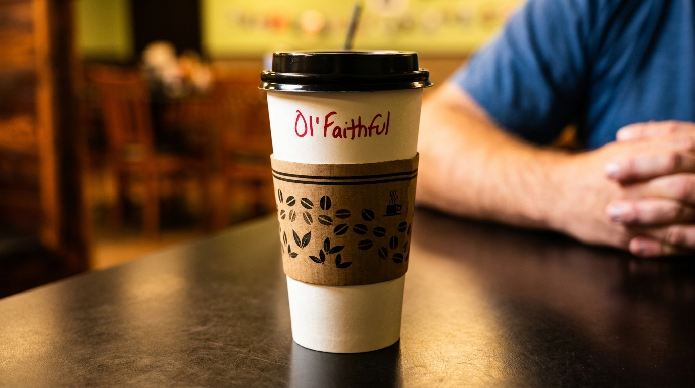A coffee cup labeled "Ol' Faithful" on a table with a person's hands in the background.