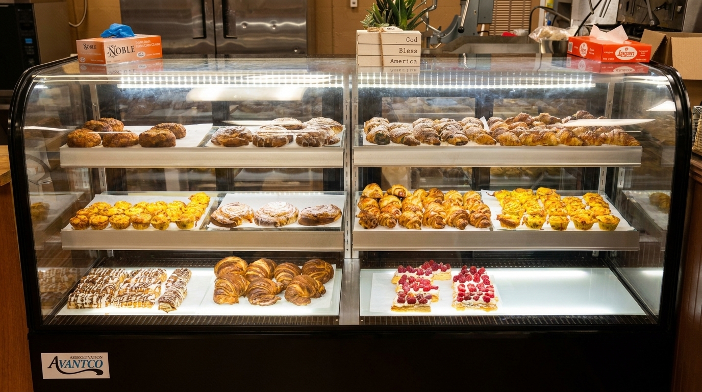 A glass display case filled with various pastries, including croissants, muffins, and raspberry tarts.