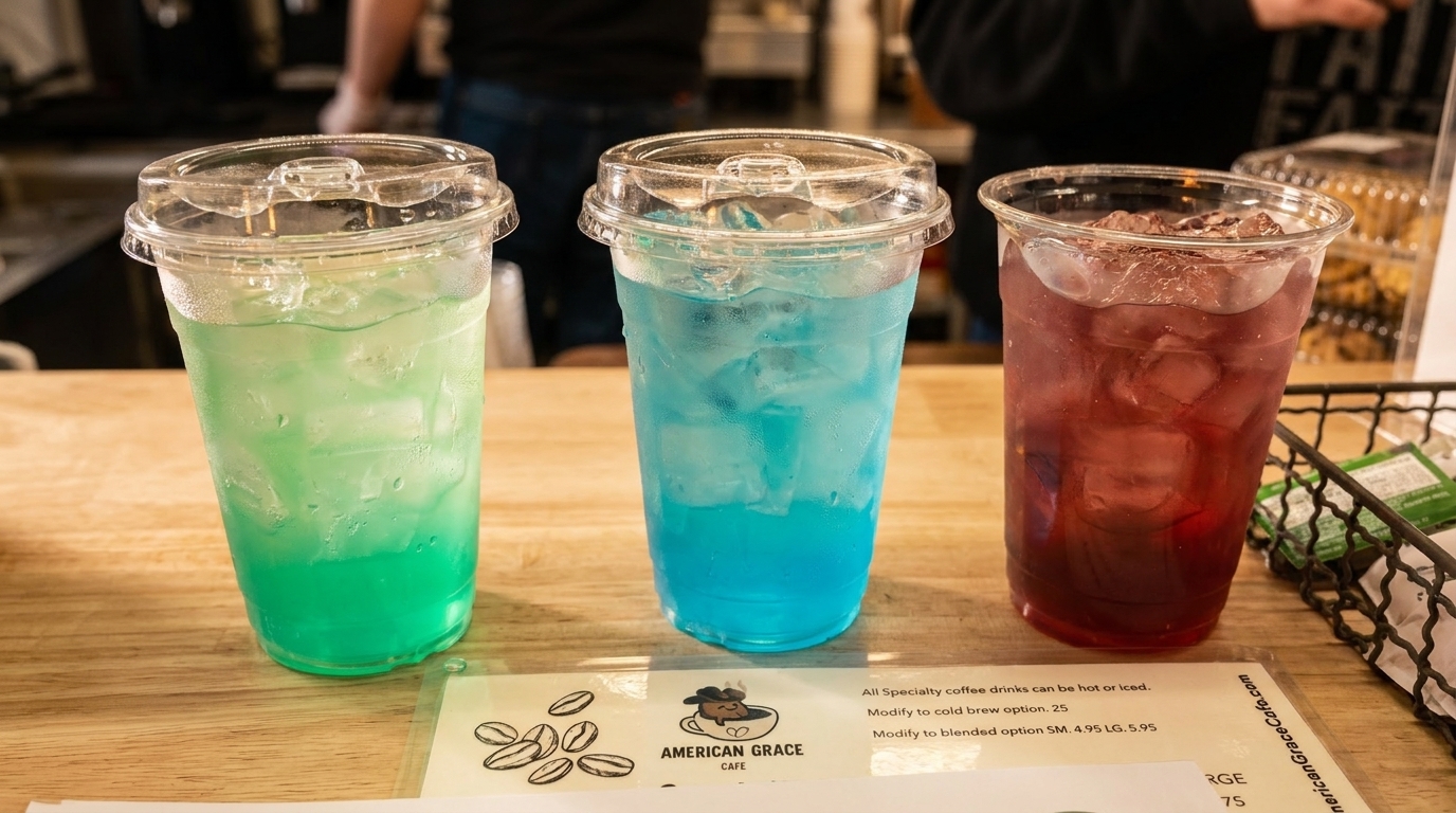 Three colorful iced drinks in plastic cups, green, blue, and red, on a wooden counter.