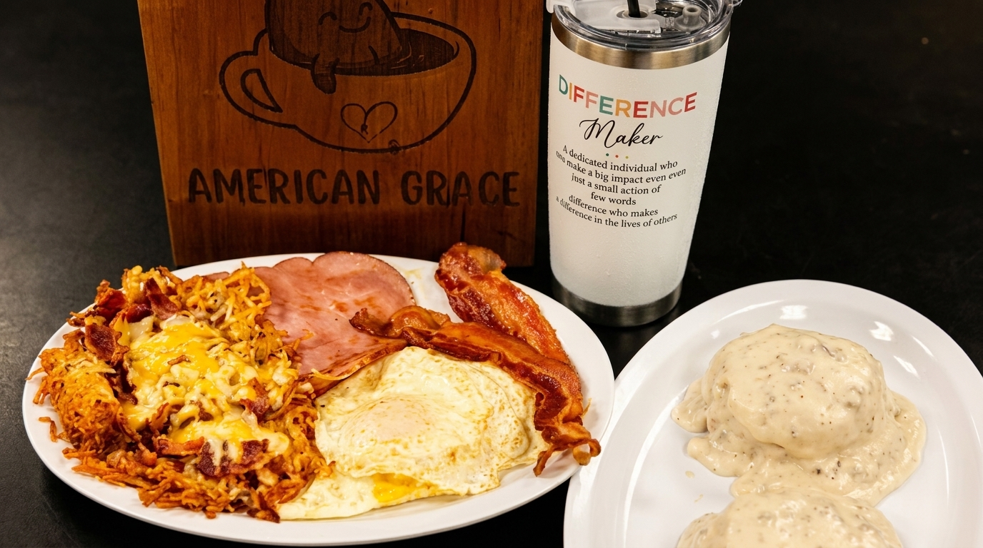A breakfast plate with hash browns, eggs, ham, bacon, and a side of biscuits and gravy.