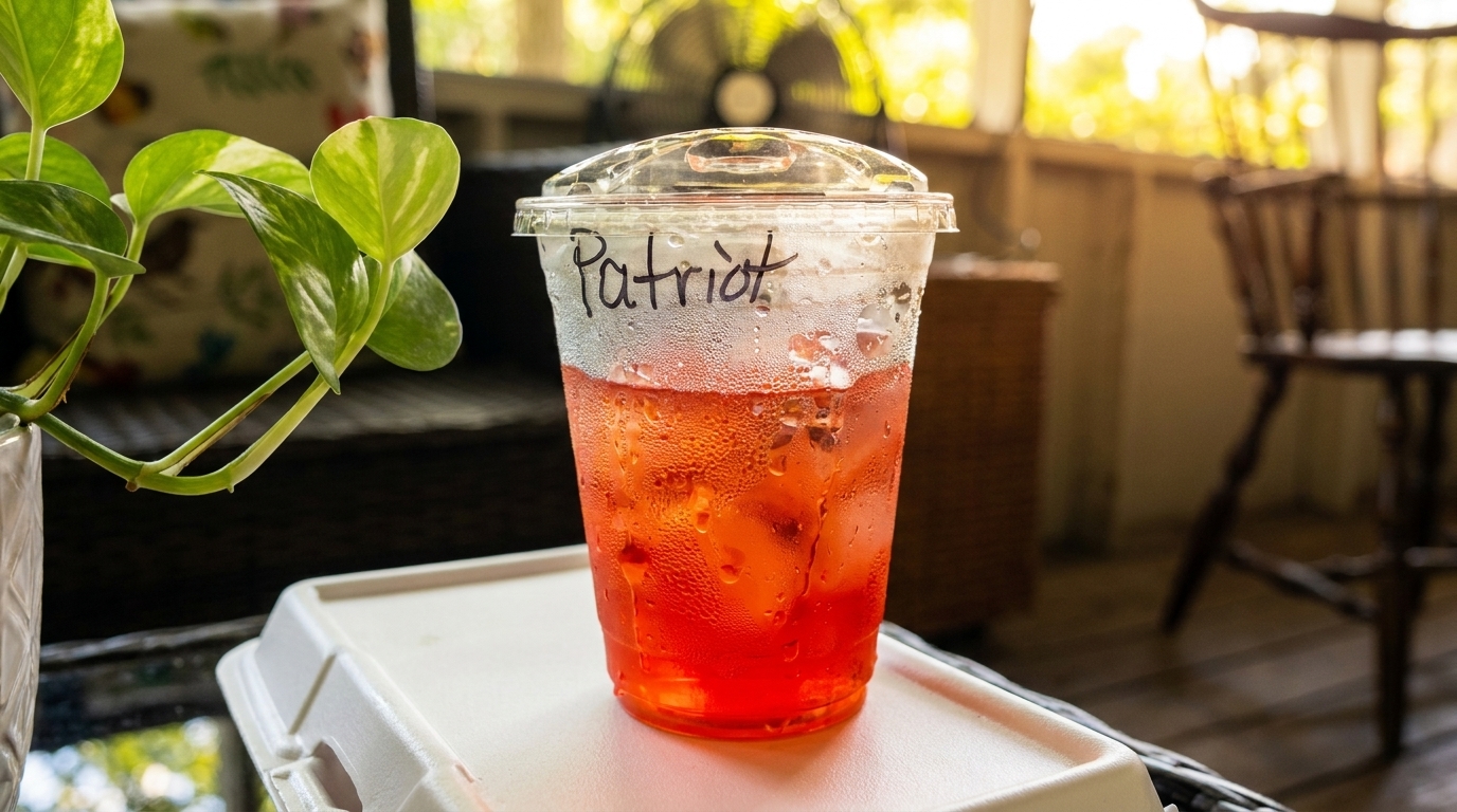 A red iced drink in a plastic cup labeled "Patriot" sits on a white takeout container.