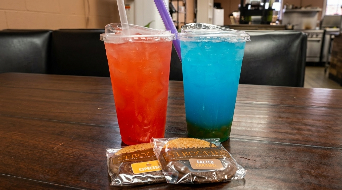Two colorful drinks, red and blue, with two packaged Stroopies cookies on a wooden table.