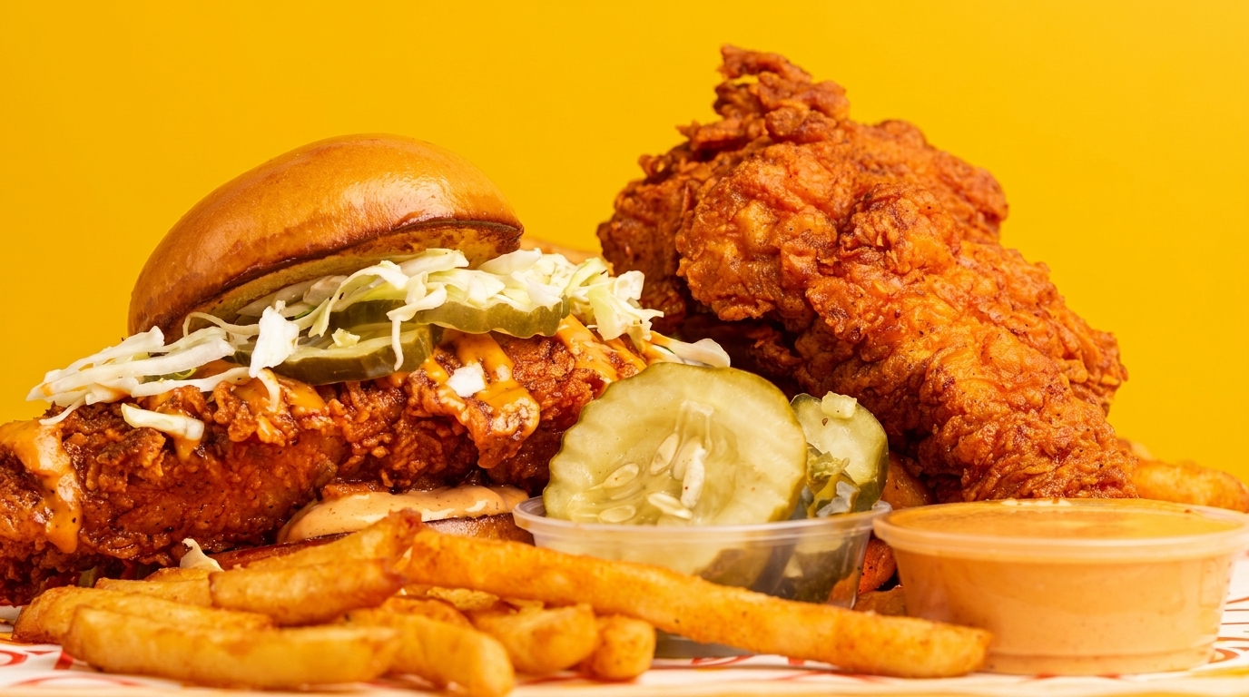 Crispy fried chicken sandwich with slaw and pickles, a side of fries, and dipping sauce.