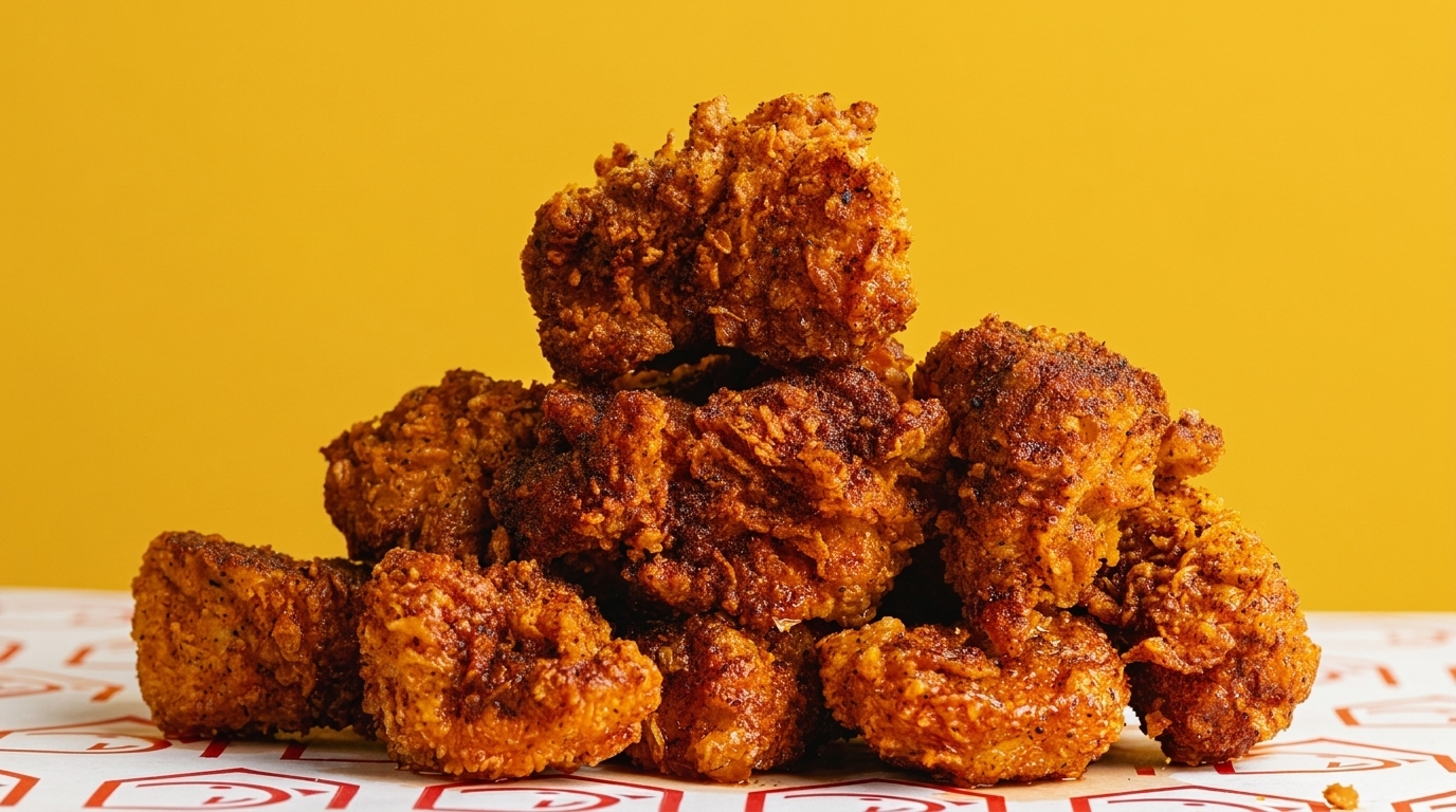 A pile of crispy, golden-brown fried chicken pieces against a bright yellow background.