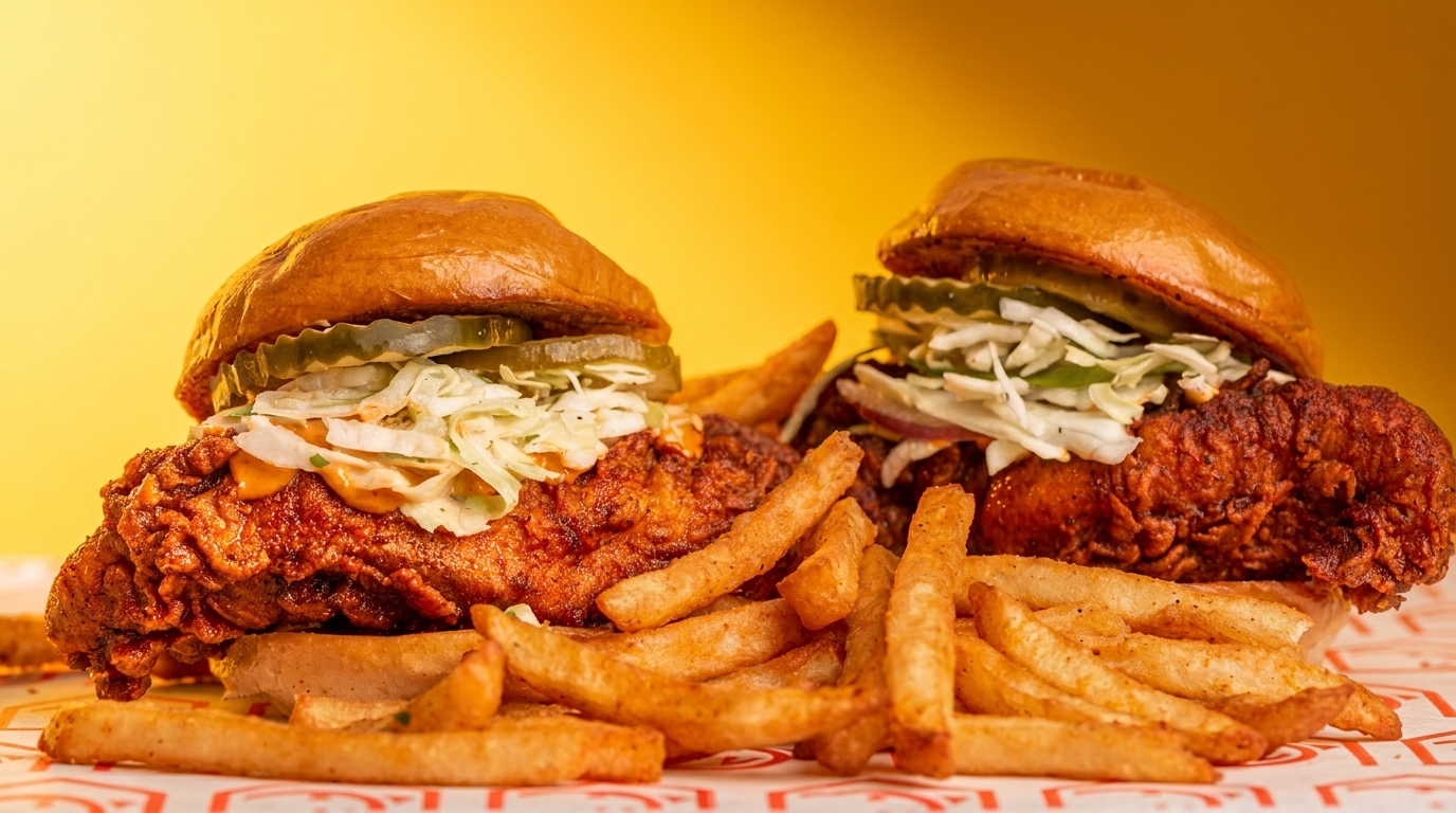 Two crispy fried chicken sandwiches with coleslaw, pickles, and fries on a yellow background.