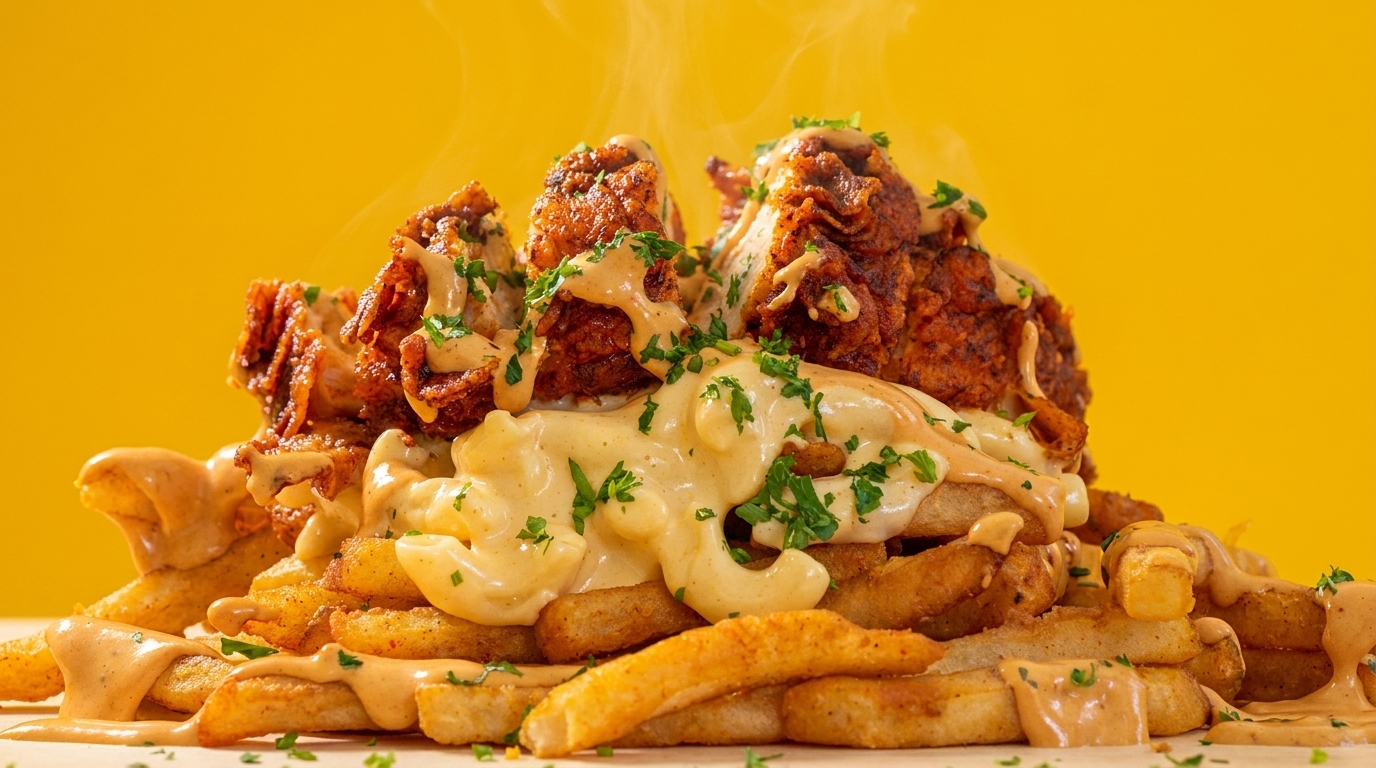 Steaming hot fried chicken and french fries covered in cheese sauce and garnished with parsley.
