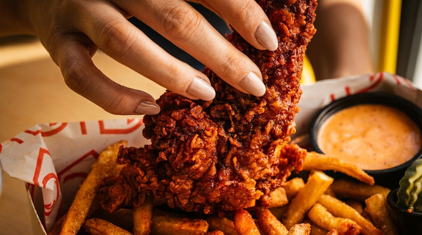 Hand picking up a crispy fried chicken tender from a basket of fries and dipping sauce.