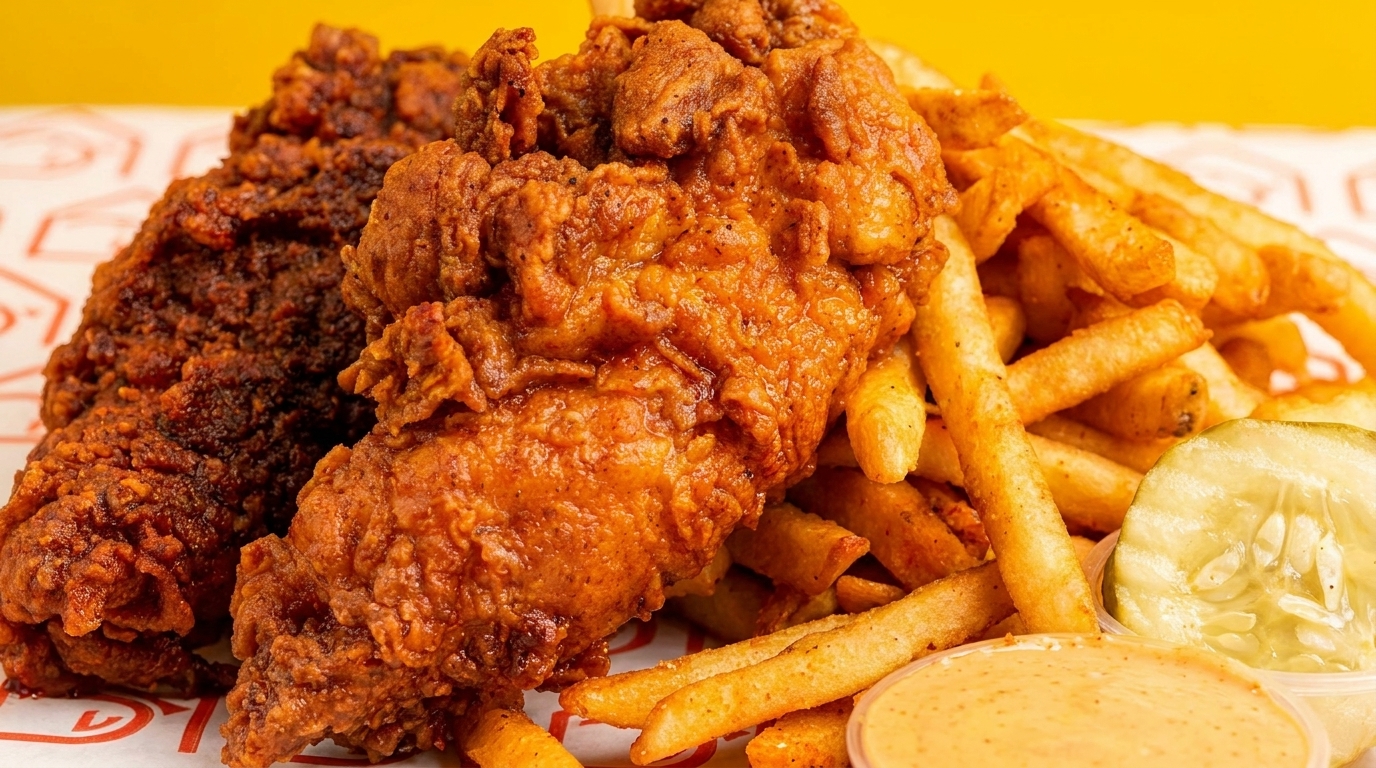 Crispy fried chicken tenders with a side of golden french fries, pickles, and dipping sauce.
