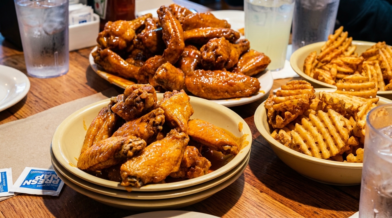 Plates of glazed chicken wings and bowls of waffle fries on a wooden table.