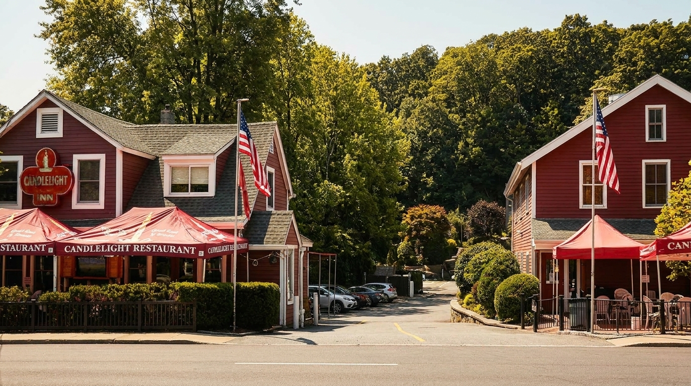 Candlelight Inn restaurant with red awnings and American flags, surrounded by green trees on a sunny day.