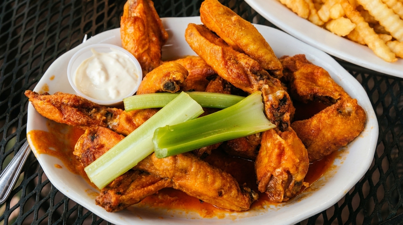 A plate of buffalo chicken wings with celery sticks and a side of ranch dressing.