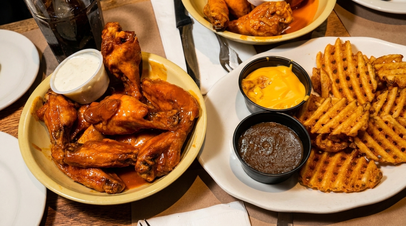 Plates of buffalo wings with ranch, waffle fries with cheese sauce and gravy on a wooden table.
