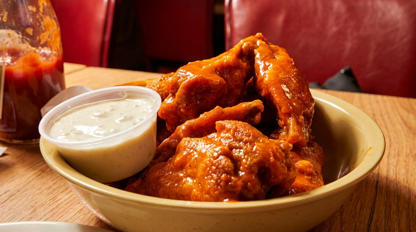 A bowl of buffalo chicken wings with a side of ranch dressing on a wooden table.