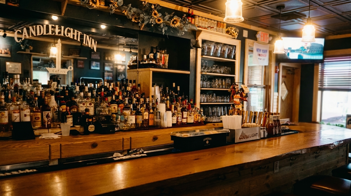 A well-stocked bar at Candlelight Inn, featuring numerous liquor bottles and glasses under warm lighting.