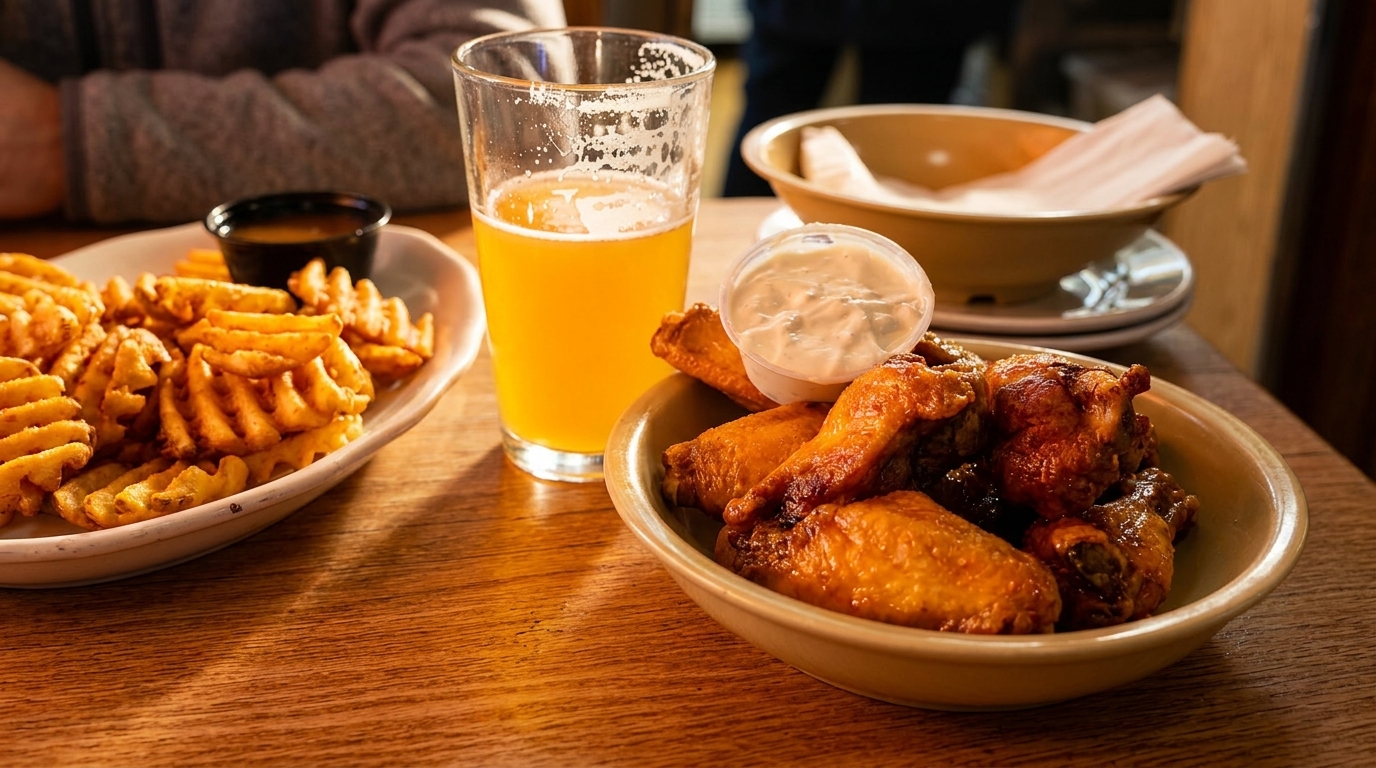 Plates of waffle fries and chicken wings with dipping sauces and a glass of beer on a wooden table.
