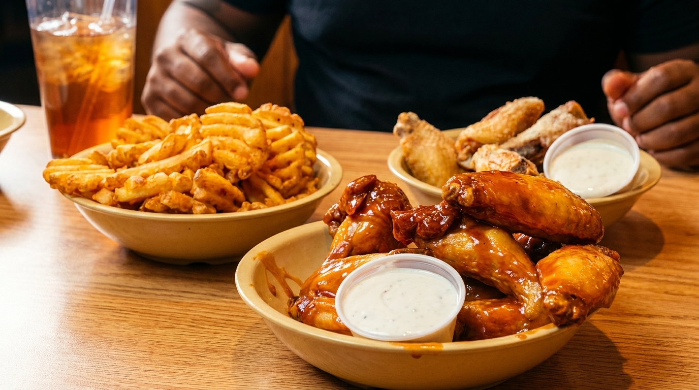 Bowls of waffle fries, plain wings, and BBQ wings with ranch on a wooden table.