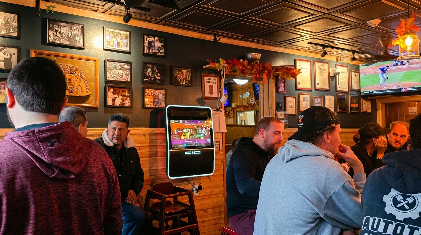 Patrons gathered in a cozy, wood-paneled bar with framed pictures, a jukebox, and a TV showing baseball.