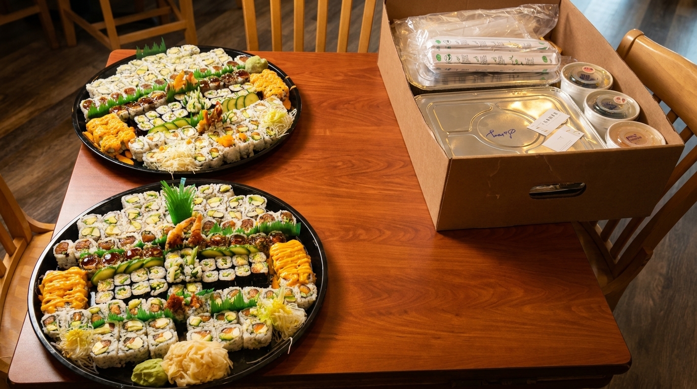 Two large sushi platters and a takeout box with containers and chopsticks on a wooden table.