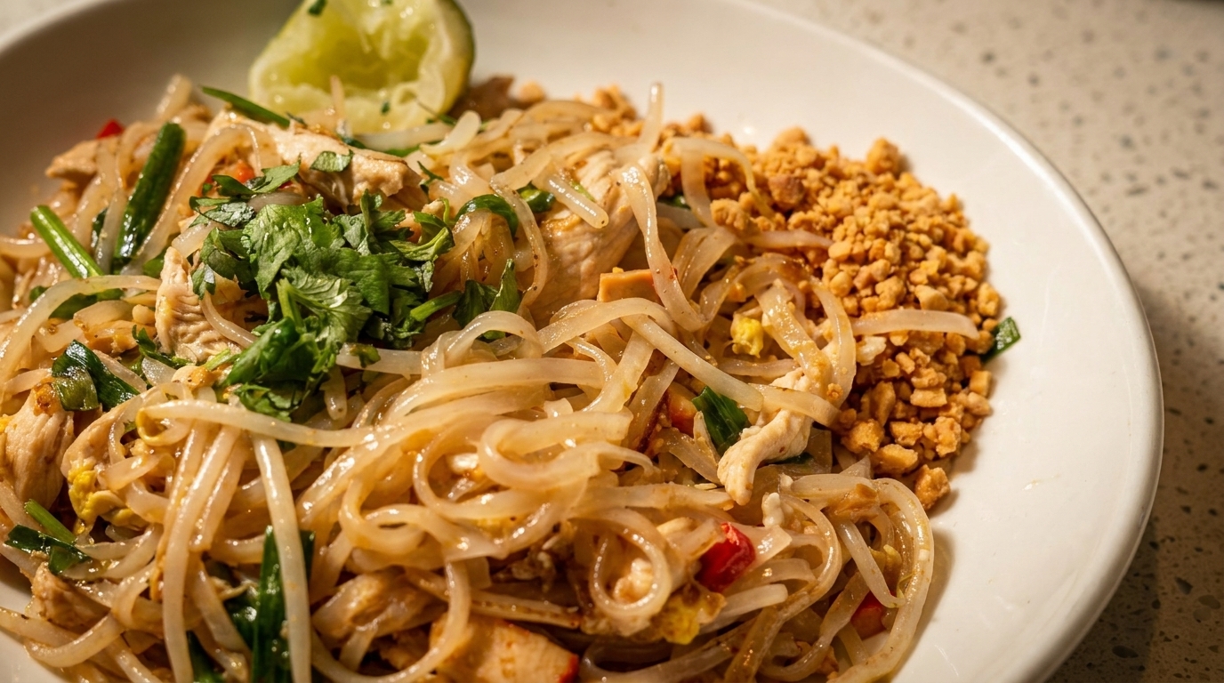 Close-up of Pad Thai noodles with chicken, peanuts, cilantro, and a lime wedge.