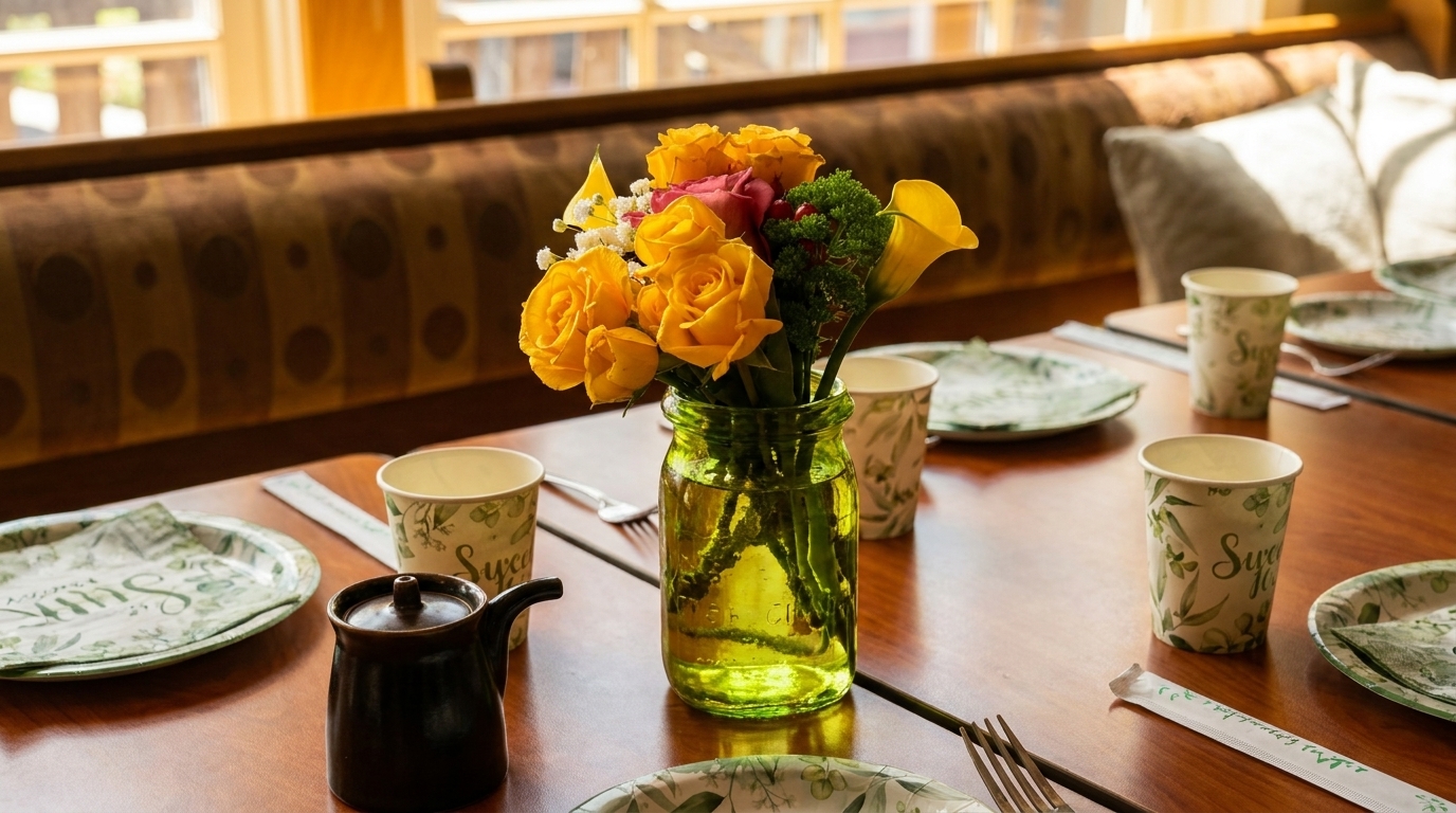 A table set with green-patterned paper plates and cups, a vase of yellow roses, and a brown creamer.