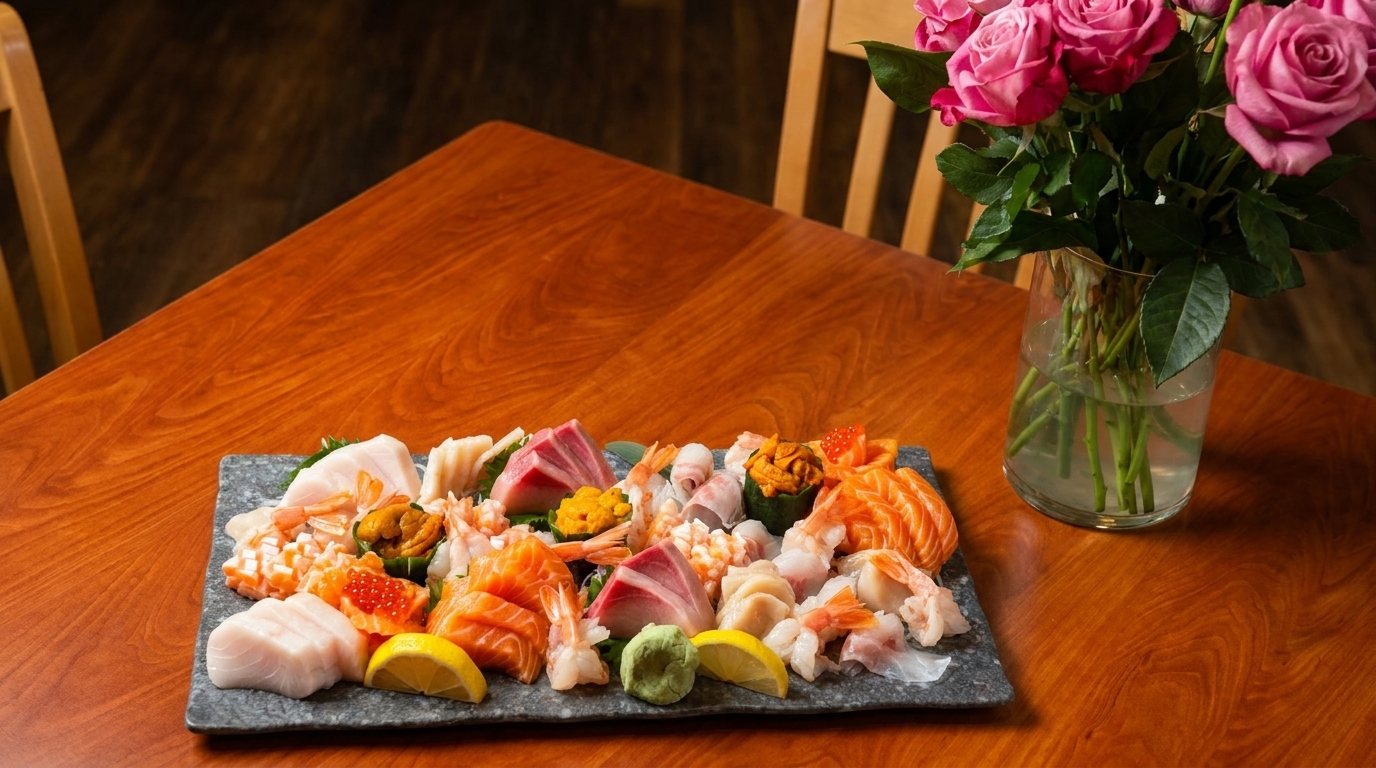A large platter of assorted sashimi and seafood, with pink roses in a vase on a wooden table.