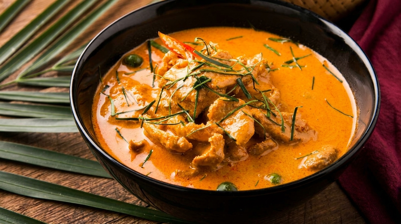 Red curry with chicken, green herbs, and red chili in a black bowl on a wooden table.