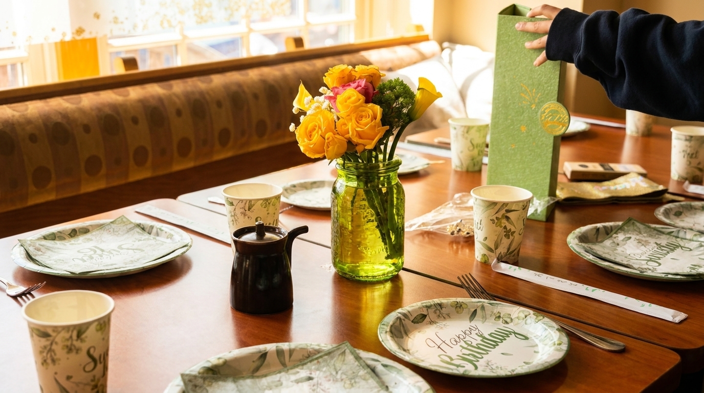 A table set with birthday plates, cups, napkins, and a vase of yellow roses.