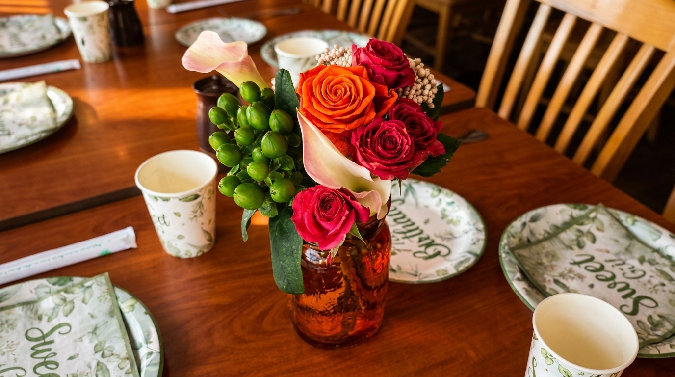 A wooden table set with floral plates, cups, and a centerpiece of red and orange roses.