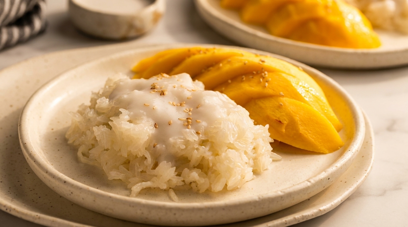 Two plates of mango sticky rice, topped with coconut milk and sesame seeds, on a marble surface.
