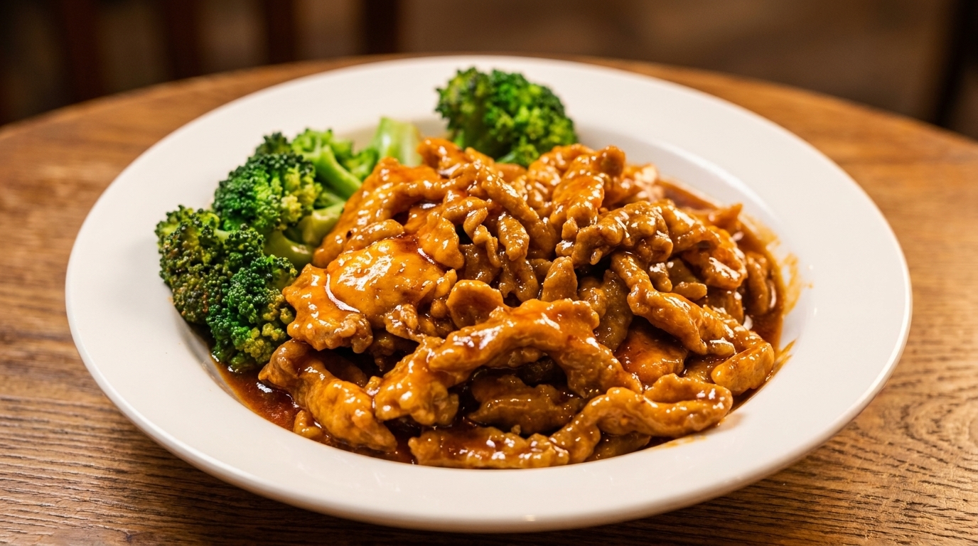 Orange chicken with broccoli on a white plate, on a wooden table.