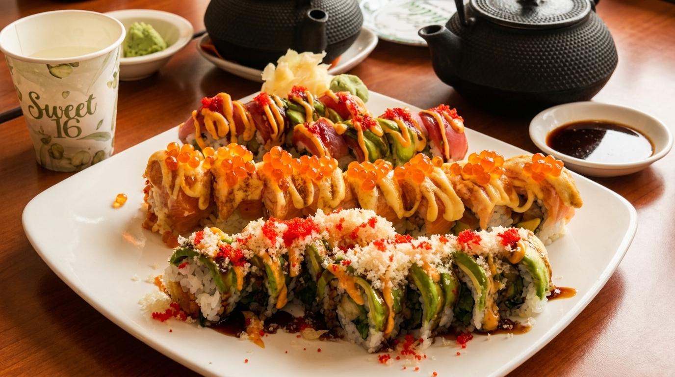Three rows of colorful sushi rolls with various toppings, a "Sweet 16" cup, and teapots.