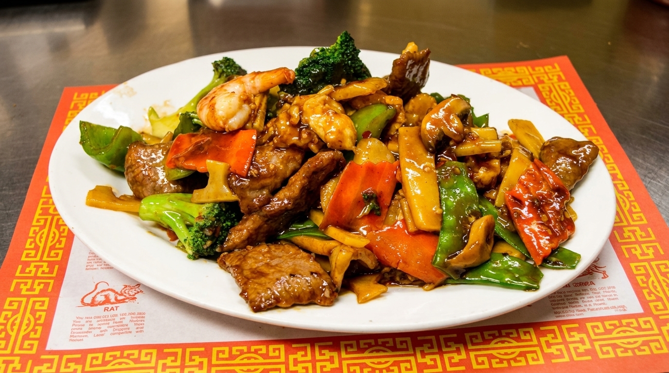 A colorful stir-fry with beef, shrimp, chicken, and vegetables on a white plate over a red placemat.