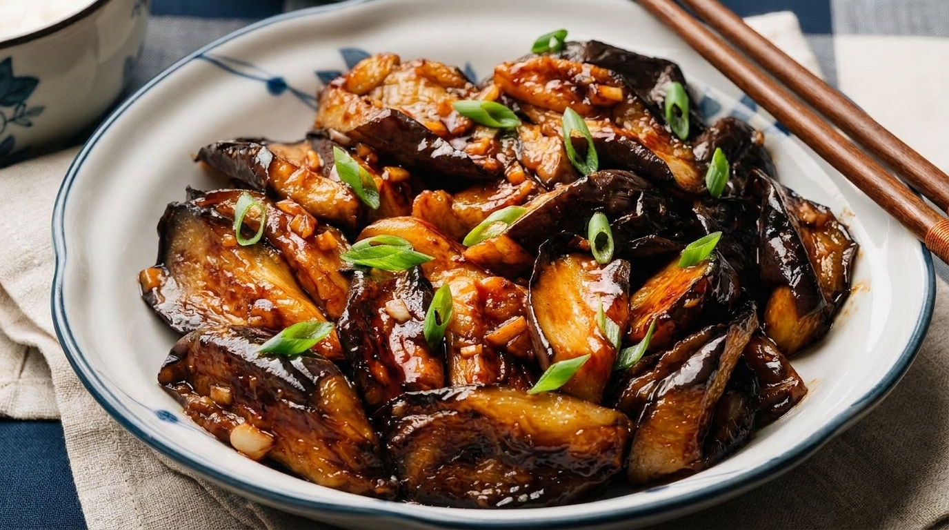 A white bowl filled with glistening stir-fried eggplant, garnished with chopped green onions and garlic.